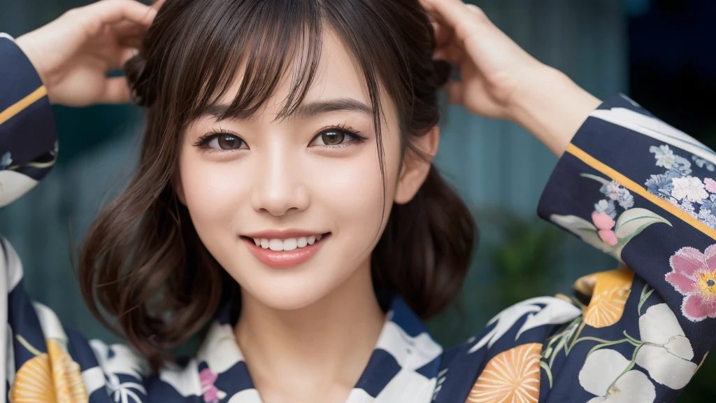 (1women), Updo hairstyle, (round eyes:1.2), (highly detailed face), (extremely detailed beautiful face), (smile happily), (floral pattern yukata), (Best Quality:1.4), (Ultra-detailed), extremely detailed CG unified 8k wallpaper, Realistic portrait, Beautiful detailed, High-definition raw color photos, professional photography, night sky, beautiful milky way, (fine face:1.2), focus on women, tanabata,