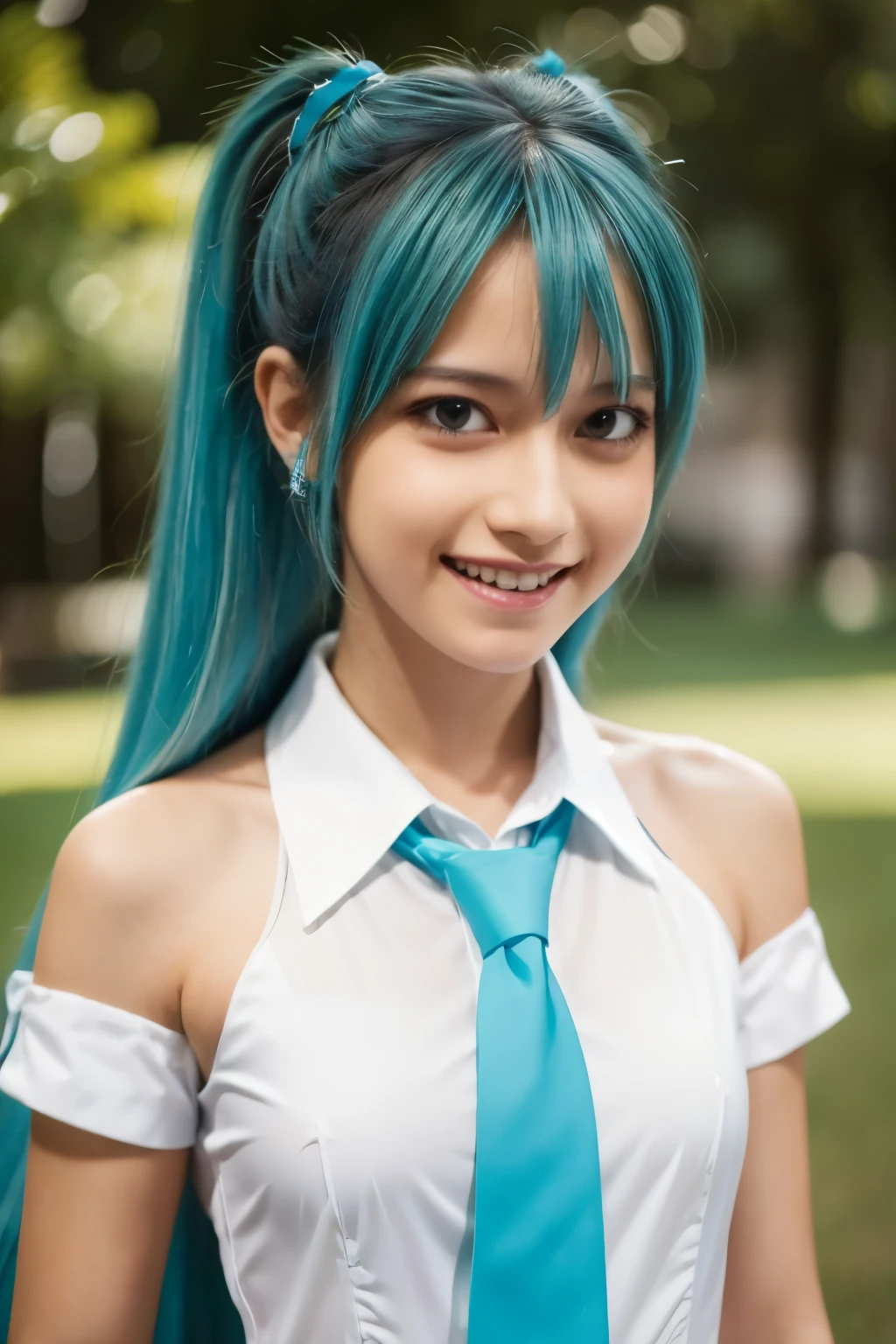 Masterpiece, Hatsune Miku, white shirt, blue tie, bare shoulders, separated sleeves, smiley face, dark skin, blu eyes, blu hair