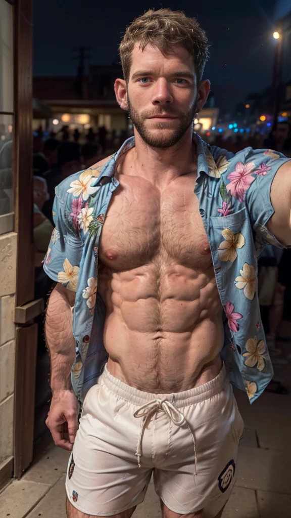 Masterpiece, denoise, void noise, one man, best quality, 8k resolution, male focus, focus only, amazing composition, volumetric lighting, super quality, elegant, Very detailed, beach, front view, facing viewer , -----------, 35 years old, mature face, muscular, thin body, Caucasian, (((white skin, pale skin))), handsome, (detailed light-blue eyes), light brown hair, big ears, (((hairy pectorals, thick plenty chest and body hair))), ((Medium long beard)), (((((Jim Sturgess Russell Tovey mixed face and hair))))), (((big nipples, perky nipples))), ------------, ((((detailed shorts)))), ((((clear color hawaiian style short sleeve shirt)))), (((holding frame pov: like taking a selfie))),