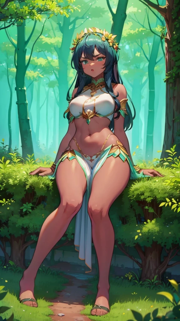 In a forest of large trees there is an even larger Amazonian giantess, with brown skin, black hair, thin, with clothes of the forest, and with very long legs, she is looking for small human invaders of the forest to destroy them so that they do not disturb the peace of the forest. Giantess, goddess, hot, black skin, tall legs, sexy, tiny people, tiny humans, crush, forest, trees, group of small people, slim body, angry, gore