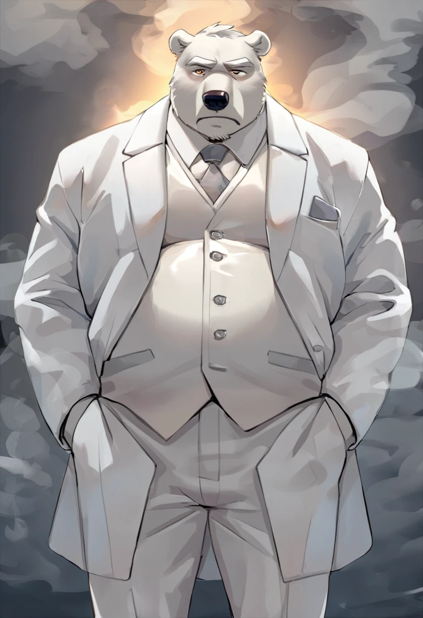 polar bear,personification,Mature male,Strong Man,White hair,naked,Cold expression,Golden pupils,Gray eyebrows,White suit suit,Hands in pockets,The Age of Steam。