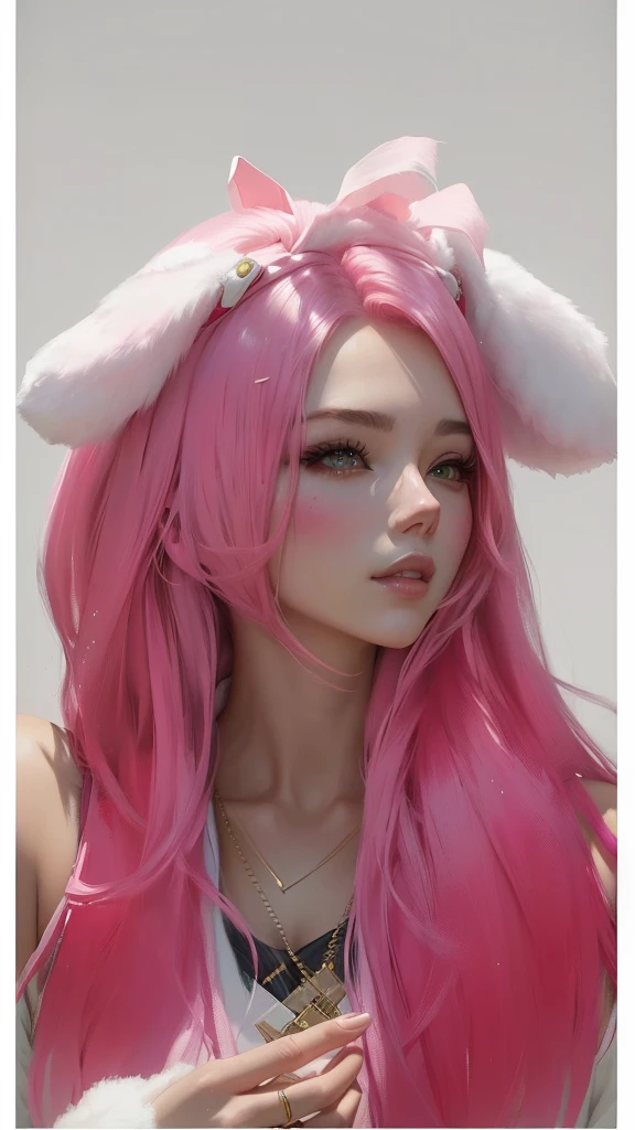 there is a woman with pink hair and a pink bunny ears, Guweiz, painted in anime painter's studio, retrato de jisoo de blackpink, made with anime painter studio, obra de arte al estilo de Guweiz, jisoo de blackpink, anime realism style, realistic anime style on pixiv, with pink hair, retrato de jossi de blackpink, Jisoo de Blackpink