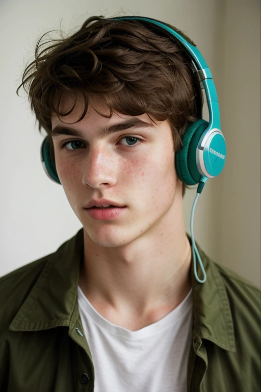 A 16 year old white boy with a sharp jaw and some freckles with slightly short hair........., Slightly messy wavy hair and green eyes.......... Height of 1.85 with a classic style, with a seductive look with headphones, more seductive, mas sexy, MUCH SEXIER, but tall
