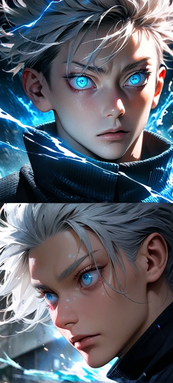 High quality, ultra realistic,absurdres, highres, ultra detailed, HDR, masterpiece, extremely detailed face and eyes, Gojo satoru , jujutsu kaisen,, white hair ,black shirt , solo, ,man, handsome, ,white eyeleshes, blue eyes , Epic fight scene, blue splashing effect,blue lightning effect,glowing glitters , close up,cool eyes, symetrical
