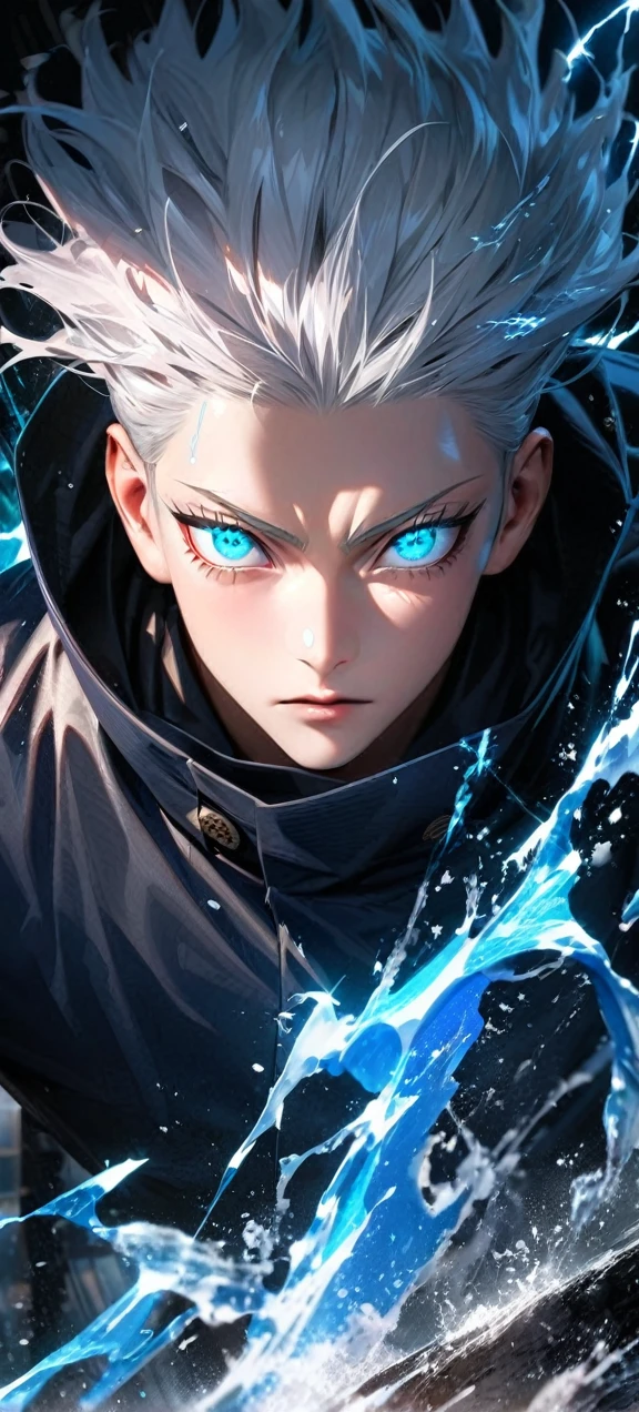 High quality, ultra realistic,absurdres, highres, ultra detailed, HDR, masterpiece, extremely detailed face and eyes, Gojo satoru , jujutsu kaisen,, white hair ,black shirt , solo, ,man, handsome, ,white eyeleshes, blue eyes , Epic fight scene, blue splashing effect,blue lightning effect,glowing glitters , close up,cool eyes, symetrical