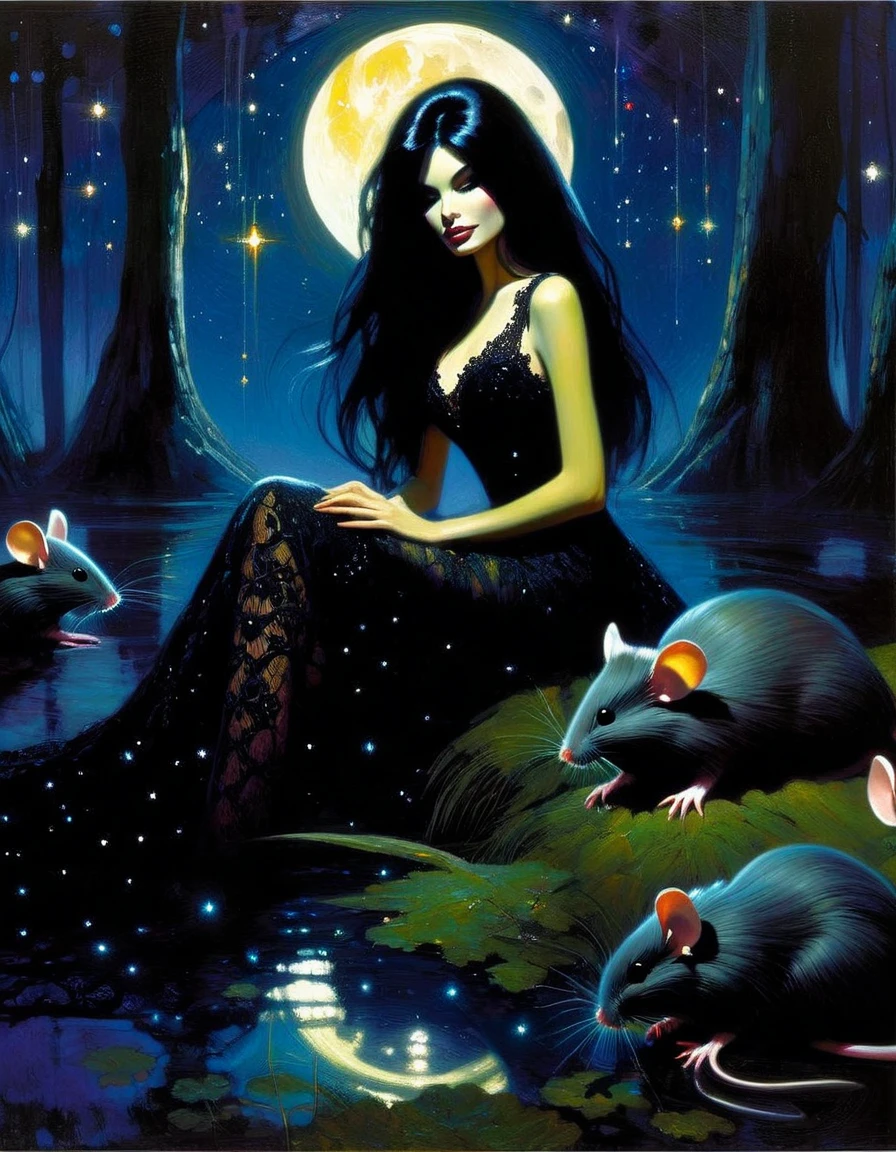 Very attractive girl with long black hair, rests by a dark swamp, with two mice next to her, friendly, magical, fantastic mice, sexy black lace dress, night sky, moon, stars, background (art inspired by Bill Sienkiewicz ). oil painting)