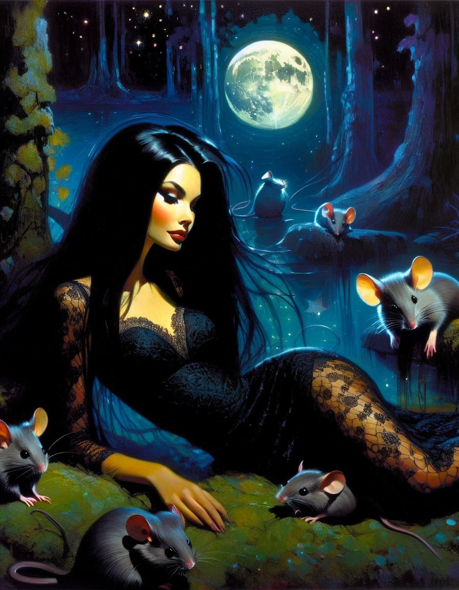 Very attractive girl with long black hair, rests by a dark swamp, with two mice next to her, friendly, magical, fantastic mice, sexy black lace dress, night sky, moon, stars, background (art inspired by Bill Sienkiewicz ). oil painting)