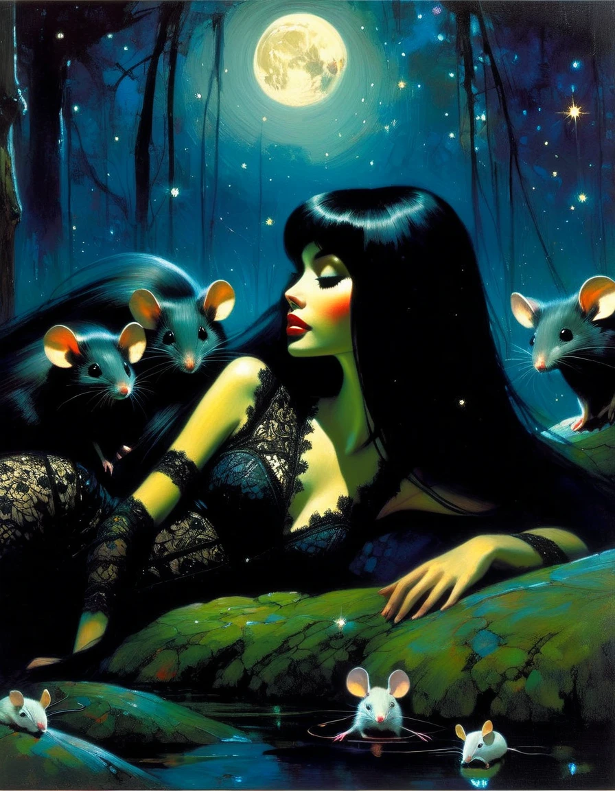 Very attractive girl with long black hair, rests by a dark swamp, with two mice next to her, friendly, magical, fantastic mice, sexy black lace dress, night sky, moon, stars, background (art inspired by Bill Sienkiewicz ). oil painting)