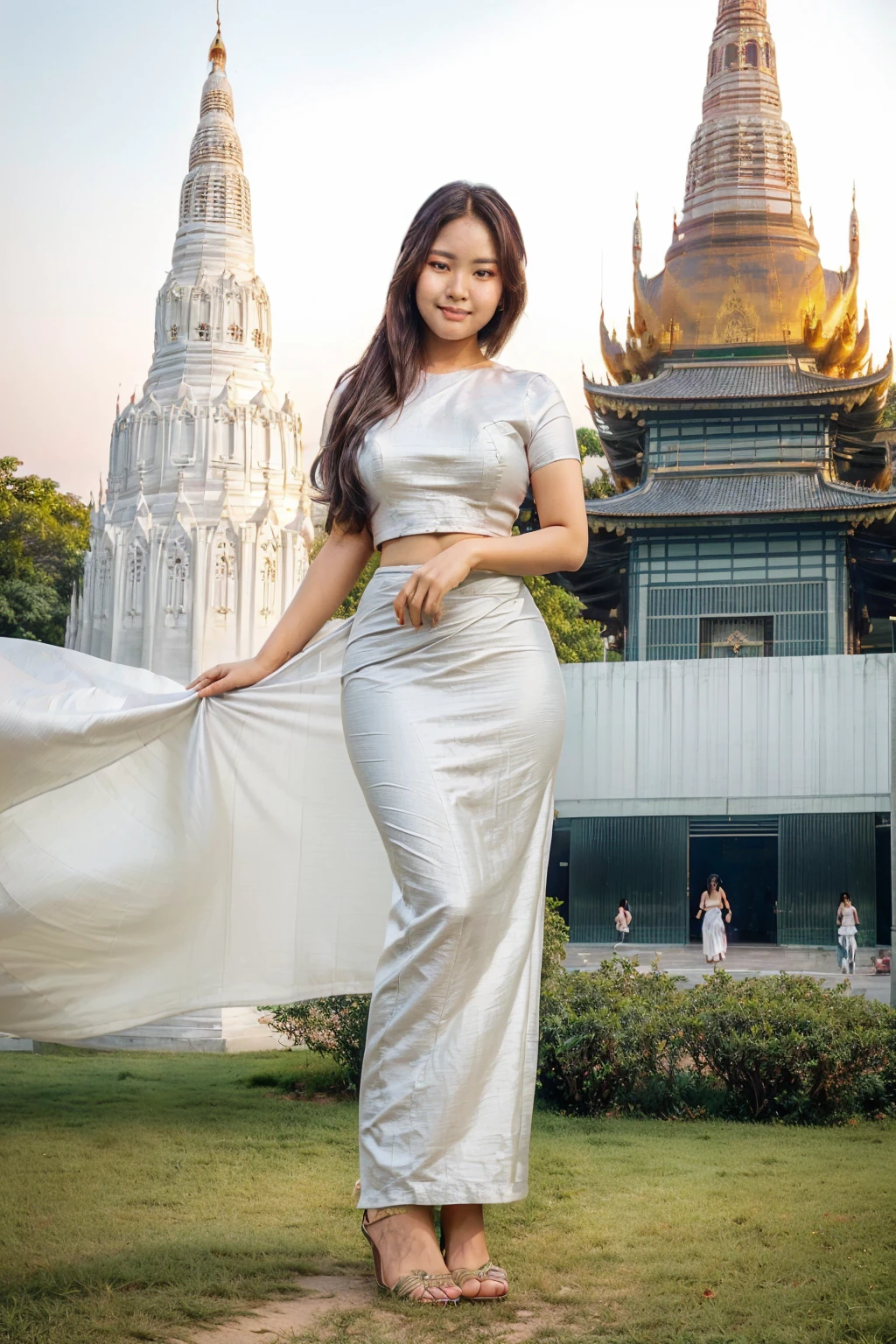 arafed asian woman in a satin dress standing in front of a crowd, (((full body view:2))), ((pretty lady MoonLay:1.2)), (pretty lady MoonLay), ((((pretty lady MoonLay's innocent cute face and cute small smile:1.3)))), ((perfect pose for photography:1.2)), (random people walking), ((wearing Myanmar traditional elegant and stylish affair:1.2)), ((super curvy and wide buttock)), ((white top dress:1.4)), ((red satin long skirt:1.5)), ((blue sandal high heel)), south east asian with square face, traditional beauty, beautiful asian girl, anime thai girl, a young beautiful asian woman, (((photorealistic background))), ((in a park with Myanmar temple and pagoda at far background:1.5)), (((evening lighting with golden sunlight1.5))), (cinematic enhance HDR portrait lighting, perfect anatomy, cannon mark v, DSLR quality, (perfect anatomy:1.2), (perfect toes:1.2),