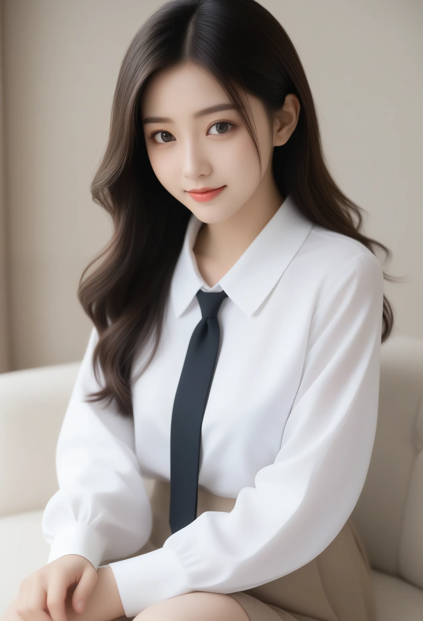 8K, Ultra-high resolution, Highest quality, masterpiece, 三分割法によるphotograph,Surreal, photograph, 1 girl, (16 years old:1.3), pretty girl, Cute face, Beautiful eyes in every detail, 細かくdetailedに,masterpiece,, One Girl:1.2, Japan Female Announcer,whole body,Low - Angle,Young Wife,A woman sitting on a sofa,White blouse with collar,Black Pencil Skirt,Black Stockings,Black high heels、Full of cleanliness,A carefree smile,Healing the heart,Semi-long layered hair,Looking at the audience、beauty,Long neck、Laugh a little、Please close your mouth and laugh、(((Ideal body type))),A-cup small breasts :2,、Portraiture:2、Perfect Anatomy、鮮明なdetailed、detailed、Surreal、Light and shadow,Strong light