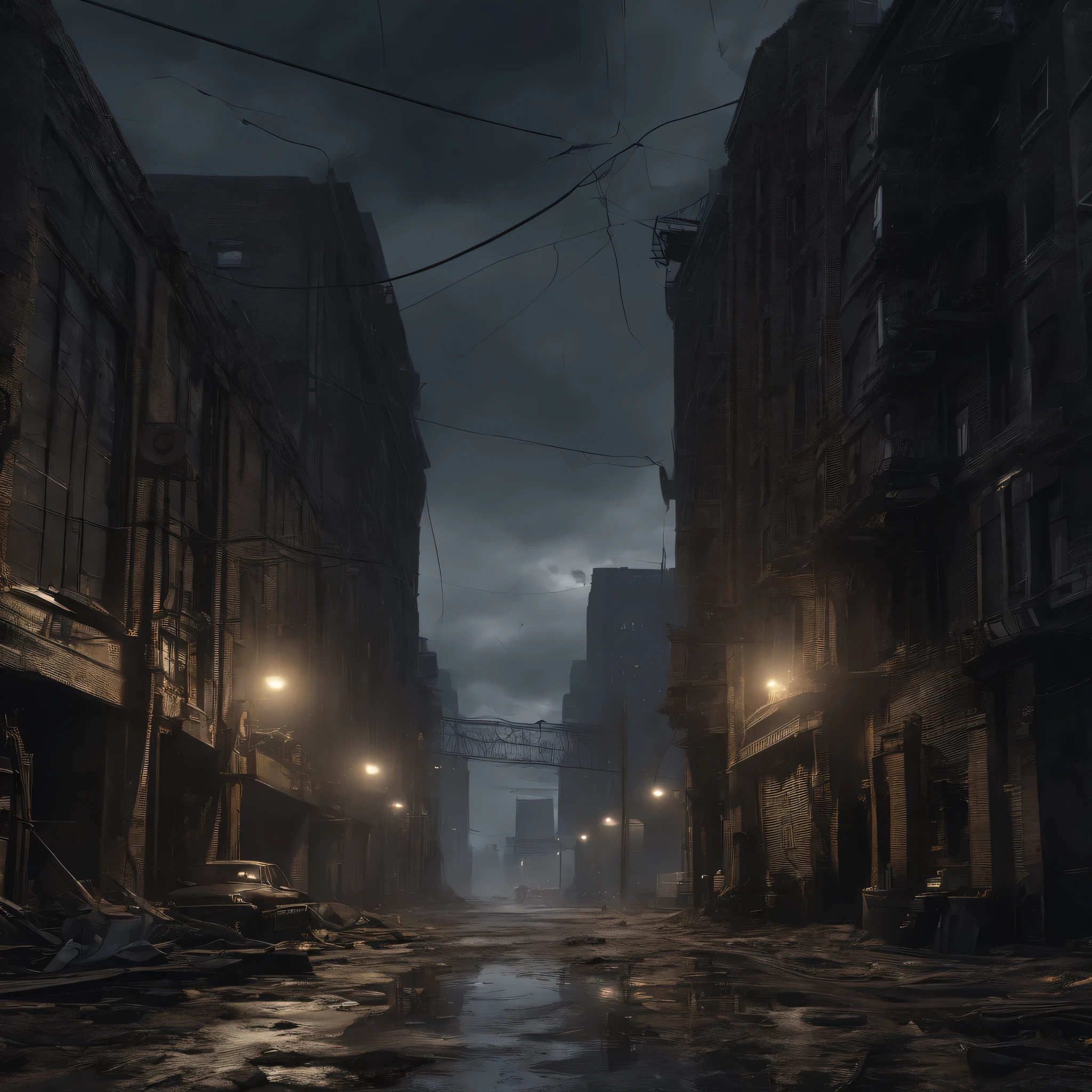 a detailed illustration of a dark and oppressive Gotham City, with a gloomy atmosphere of mystery and terror, (best quality,4k,8k,highres,masterpiece:1.2),ultra-detailed,(realistic,photorealistic,photo-realistic:1.37), a cloudy and dark sky with little natural light, cold and yellowish lighting, with fine mist and lightning on the horizon, tall gothic-style buildings with broken windows and weathered facades, power lines hanging and sparking, narrow and shadowy streets covered in debris and dirty puddles, steaming sewers, rusted cast-iron street lamps with flickering or broken lights, neon signs of seedy bars and hotels, silhouettes of hooded figures on the corners, tense-faced police officers on patrol, bats flying between the buildings, swirling newspaper and leaves, a color palette of dark grays, blues, blacks, and dirty yellows, with touches of red for emphasis, (Gotham City,gritty urban environment,dark and moody,1.15)