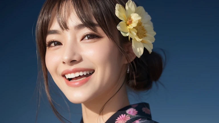 (1 Female), Updo, (Round eyes:1.2), (Highly detailed face), (非常に詳細なBeautiful Face), (Laughing happily), (Floral Yukata), (Highest quality:1.4), (Super detailed), Highly detailed CG synthesis 8k wallpaper, Realistic portraits, Beautiful details, High-resolution RAW color photos, Professional photography, Night Sky, beautiful milky way, (Beautiful Face:1.2), Focus on women, Tanabata,