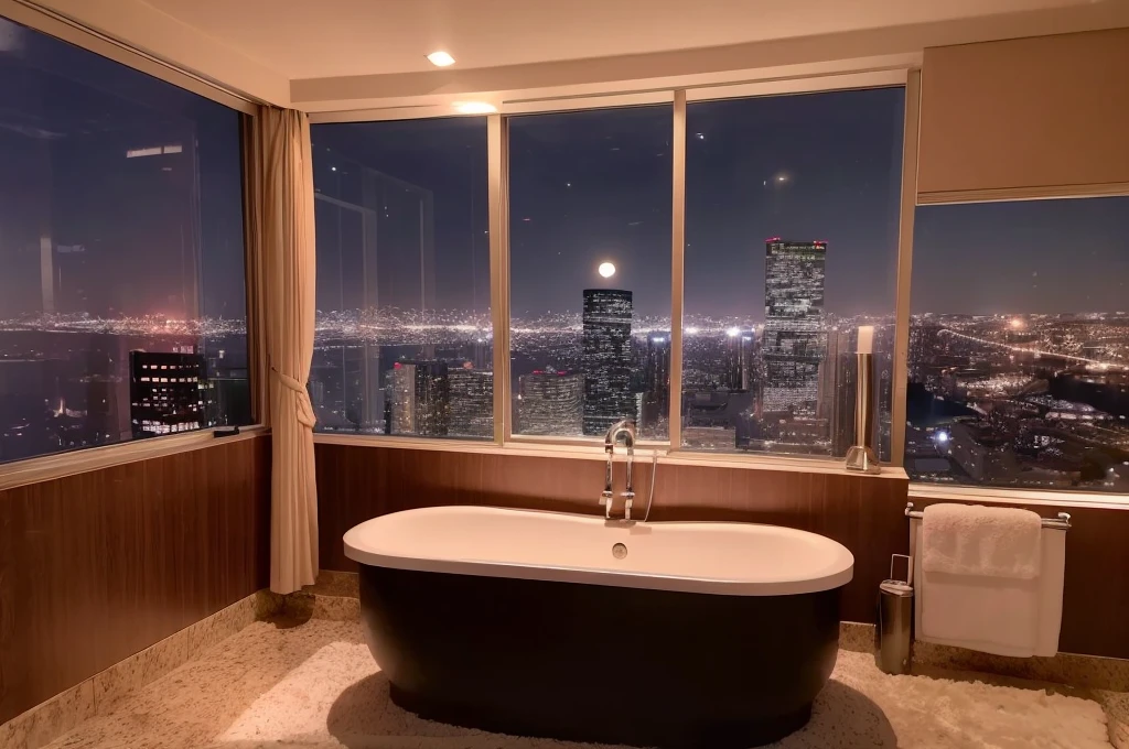 In a cozy luxury high-rise hotel on a pitch-black night, the beds are lit with aromas and candles, and are equipped with a luxurious bathtub and whirlpool., Beautiful night view of the moon, stars, and city outside the high-rise window. very wide angle of view