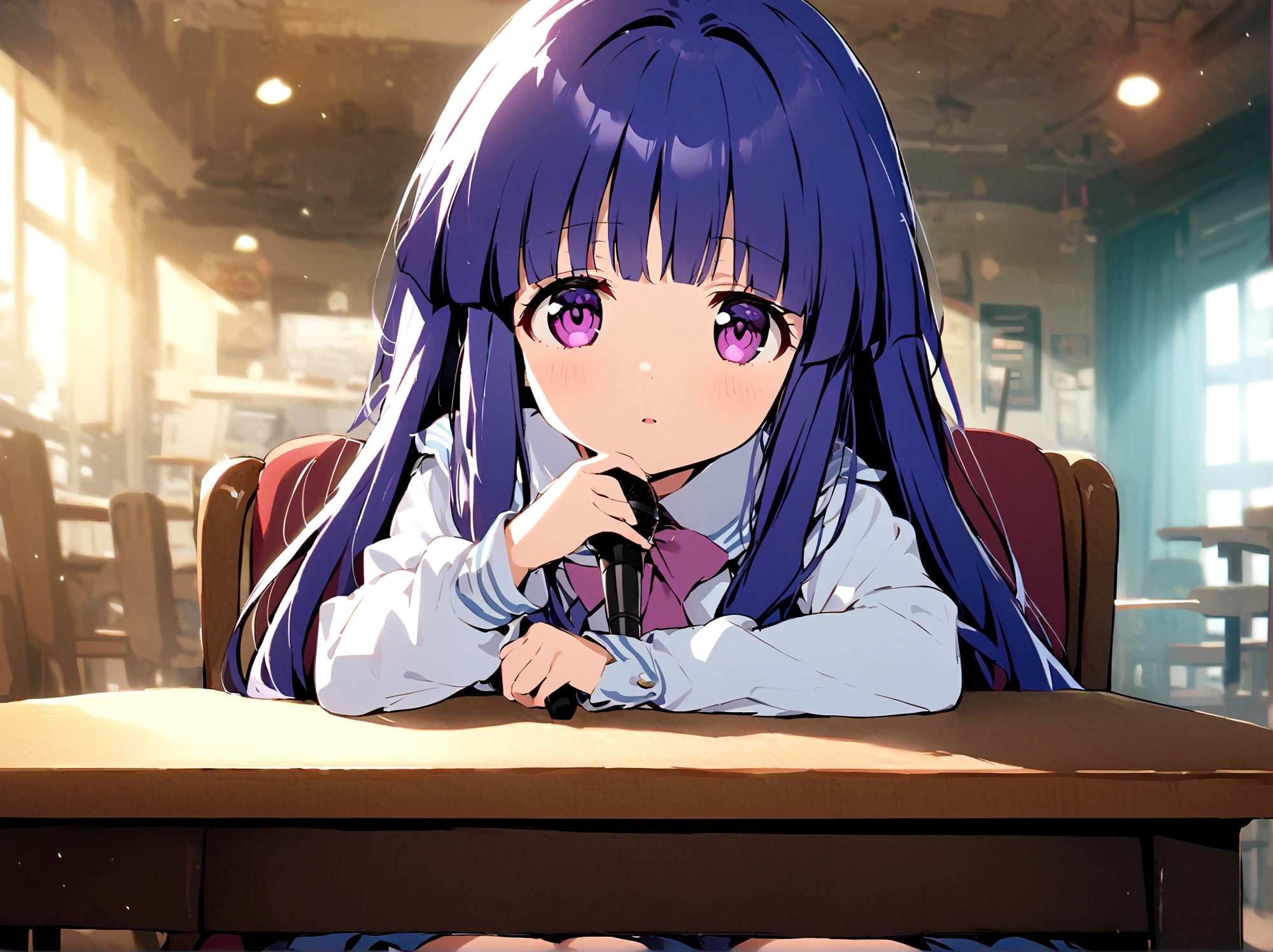 One Girl, alone, (furude rika), cute, Blue Hair, Purple eyes, Long Hair, blunt bangs, bangs, looking at viewer, shirt, long sleeves, sitting, indoors, blurry, blurry background, chair, table, microphone