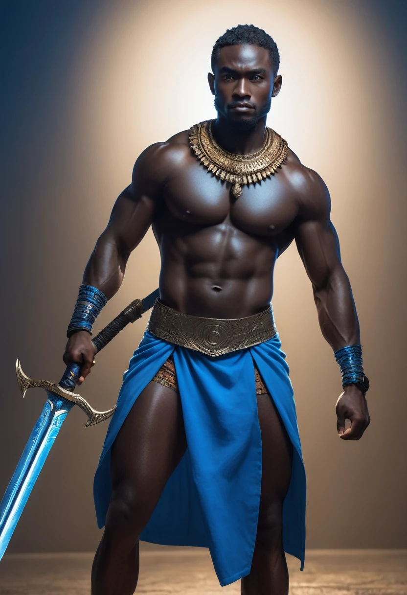 a muscular african male deity, ogum, handsome young warrior with iron sword, blue skirt, perfect anatomy, at night, realism, real person