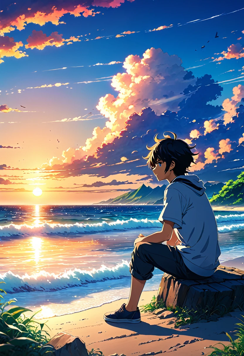 anime landscape of a boy sitting near the shore of a sea with vast sky, sunset anime nature wallpapers, beautiful anime scene, beautiful anime peace scene, Makoto Shinkai Cyril Rolando, beautiful anime scene, background amazing wallpaper, anime art wallpaper 8k, anime background, art anime background, anime 4k wallpaper, anime art 4k wallpaper, anime art 4k wallpaper,