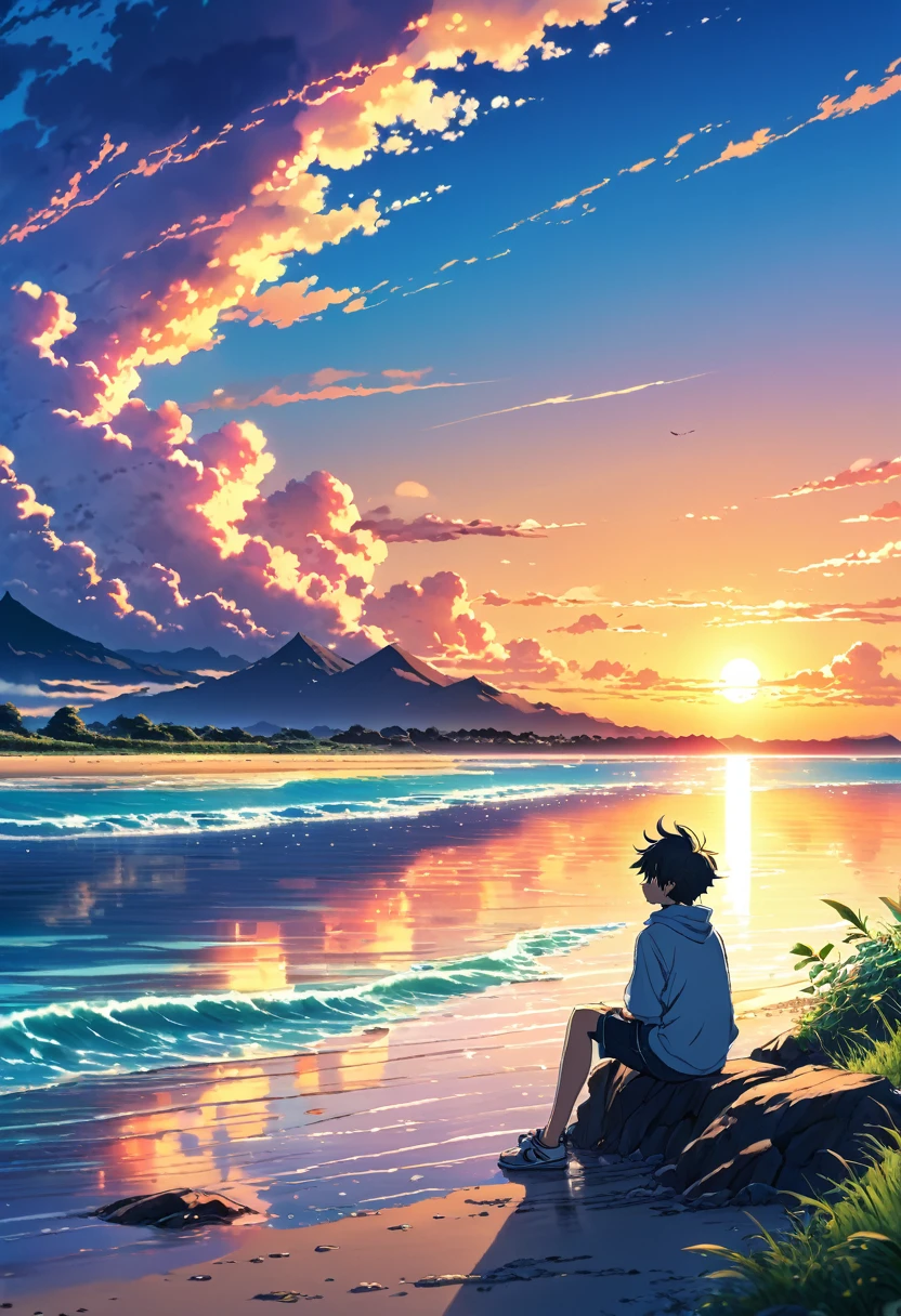 anime landscape of a boy sitting near the shore of a sea with vast sky, sunset anime nature wallpapers, beautiful anime scene, beautiful anime peace scene, Makoto Shinkai Cyril Rolando, beautiful anime scene, background amazing wallpaper, anime art wallpaper 8k, anime background, art anime background, anime 4k wallpaper, anime art 4k wallpaper, anime art 4k wallpaper,