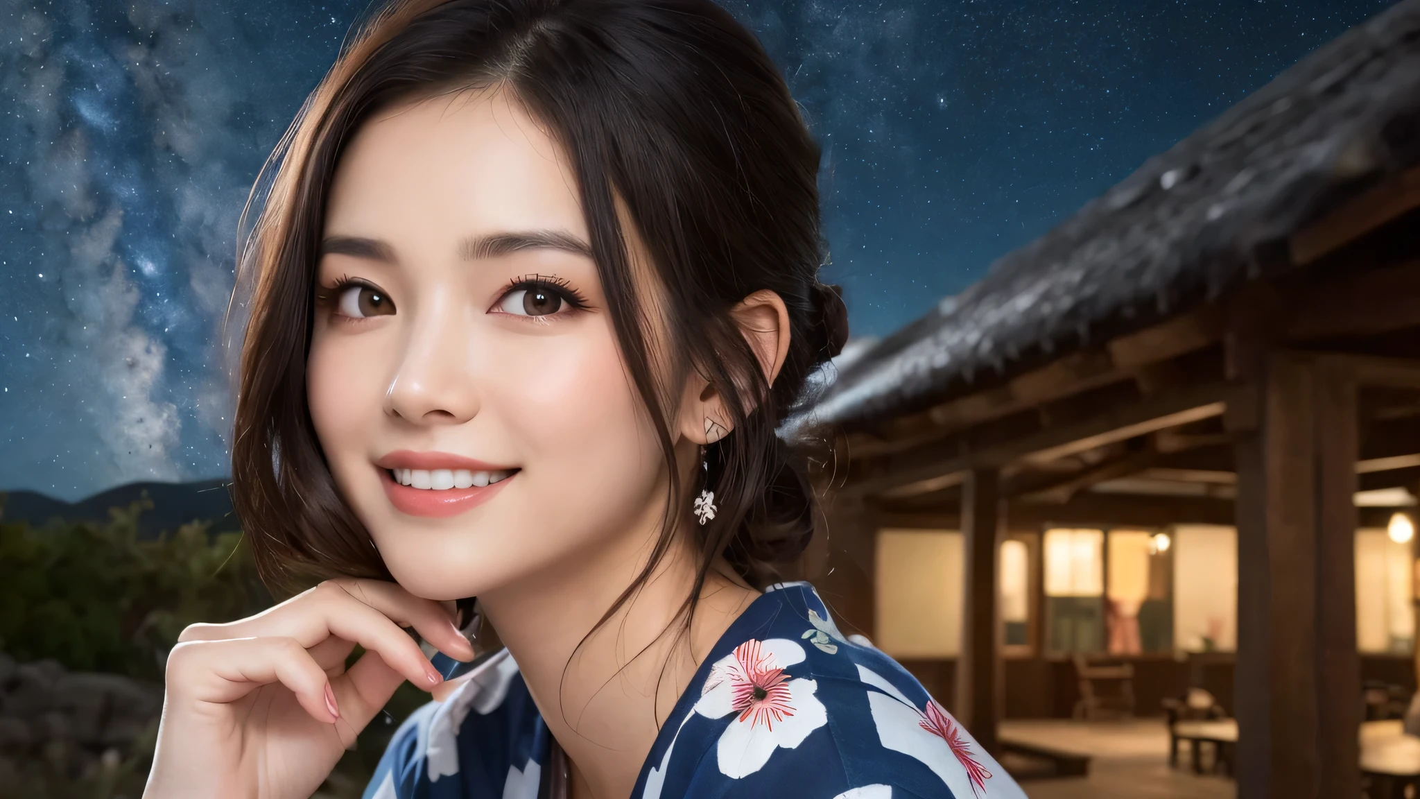 (1women), Updo hairstyle, (round eyes:1.2), (highly detailed face), (extremely detailed beautiful face), (smile happily), (floral pattern yukata), (Best Quality:1.4), (Ultra-detailed), extremely detailed CG unified 8k wallpaper, Realistic portrait, Beautiful detailed, High-definition raw color photos, professional photography, night sky, beautiful milky way, (fine face:1.2), focus on women, tanabata,