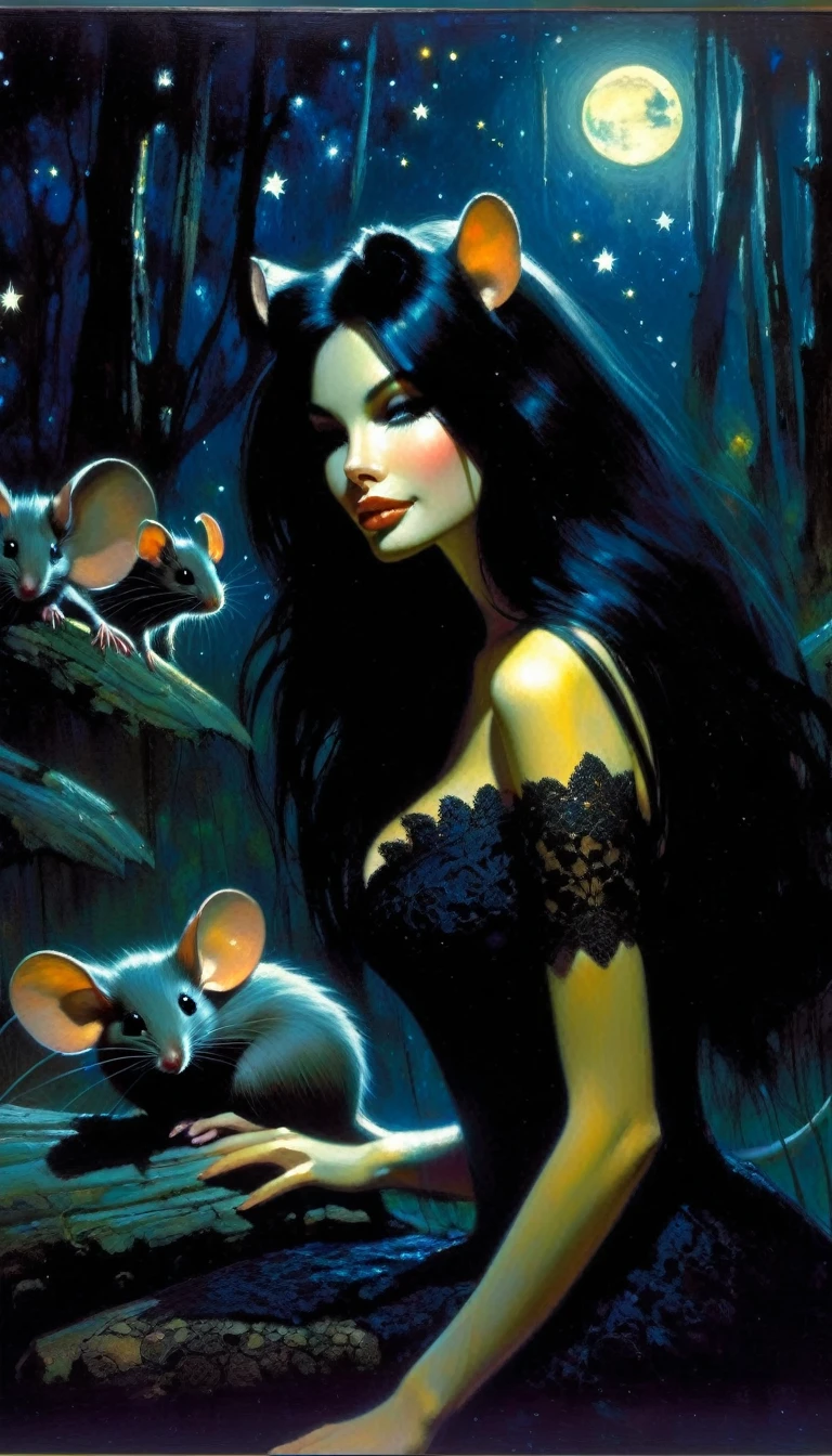 Very attractive girl with long black hair, rests by a dark swamp, with two mice next to her, friendly, magical, fantastic mice, sexy black lace dress, night sky, moon, stars, background (art inspired by Bill Sienkiewicz ). oil painting)