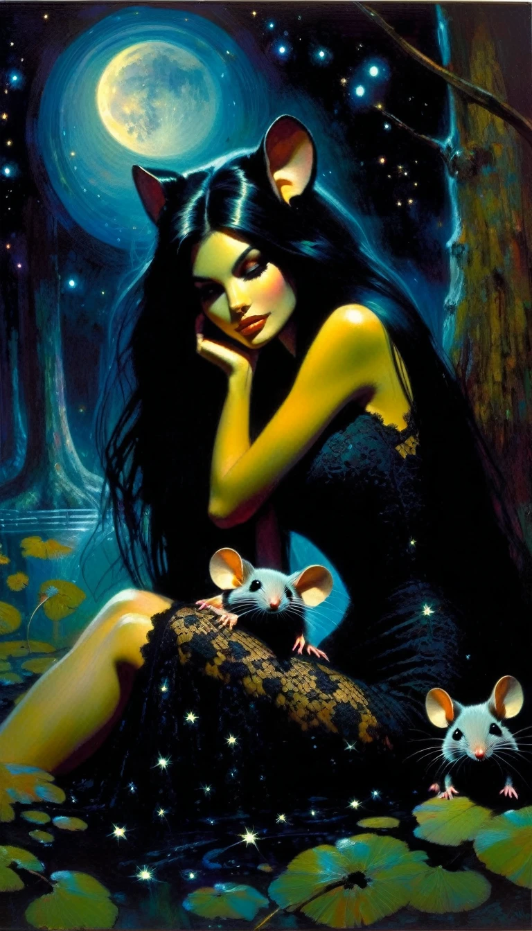 Very attractive girl with long black hair, rests by a dark swamp, with two mice next to her, friendly, magical, fantastic mice, sexy black lace dress, night sky, moon, stars, background (art inspired by Bill Sienkiewicz ). oil painting)
