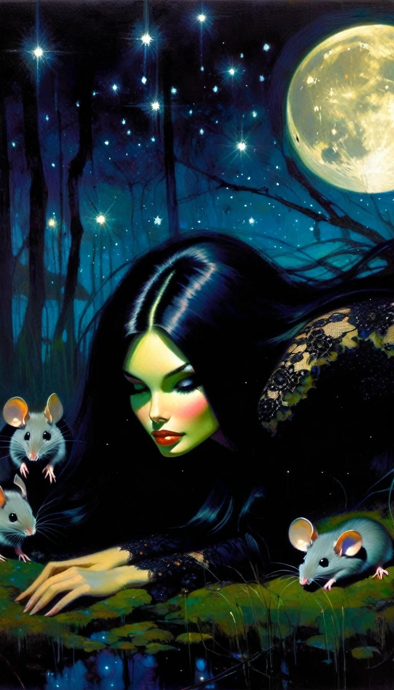 Very attractive girl with long black hair, rests by a dark swamp, with two mice next to her, friendly, magical, fantastic mice, sexy black lace dress, night sky, moon, stars, background (art inspired by Bill Sienkiewicz ). oil painting)