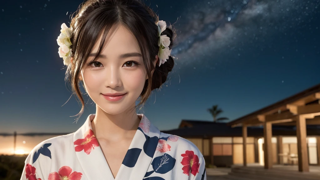 (1women), Updo hairstyle, (round eyes:1.2), (highly detailed face), (extremely detailed beautiful face), (smile happily), (floral pattern yukata), (Best Quality:1.4), (Ultra-detailed), extremely detailed CG unified 8k wallpaper, Realistic portrait, Beautiful detailed, High-definition raw color photos, professional photography, night sky, beautiful milky way, (fine face:1.2), focus on women, tanabata,