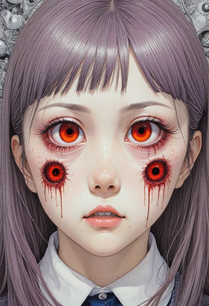 close-up, surreal, a shintaro kago, a school girl, horror anime, horror manga, Surrealism etc
