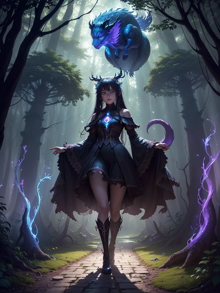 ((best quality)), ((masterpiece)), (detailed), (Mystical forest:1.4), ((Enchanted grove with towering ancient trees)and(Glowing mushrooms carpet the forest floor) and (Trickling streams weave through the foliage)), ethereal, mysterious artefact mystical and feom nowhere, mesmerizing and captivating, moonlit night background, softly illuminated fireflies dancing in the air, (dense foliage with hanging vines:1.3)
Fantasy, magic /= (Mysterious creature lurking in the shadows:1.5), (solitary), (Wide angle lens), (front), glowing eyes, (partial body), (claws extended), (shrouded in darkness), the creature facing camera, Eerie Aura, mystical aura, full energy, lot of colours féérie, céleste, unknown mysterious creature come from nowhere, fantasy costume, demon Hunter with strange weapon, futur weapon fantasy 
