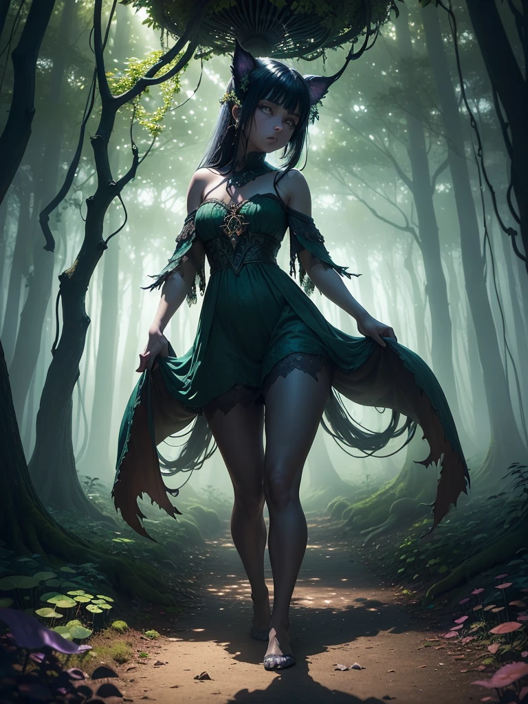 ((best quality)), ((masterpiece)), (detailed), (Mystical forest:1.4), ((Enchanted grove with towering ancient trees)and(Glowing mushrooms carpet the forest floor) and (Trickling streams weave through the foliage)), ethereal, mysterious artefact mystical and feom nowhere, mesmerizing and captivating, moonlit night background, softly illuminated fireflies dancing in the air, (dense foliage with hanging vines:1.3)
Fantasy, magic /= (Mysterious creature lurking in the shadows:1.5), (solitary), (Wide angle lens), (front), glowing eyes, (partial body), (claws extended), (shrouded in darkness), the creature facing camera, Eerie Aura, mystical aura, full energy, lot of colours féérie, céleste, unknown mysterious creature come from nowhere, fantasy costume, demon Hunter with strange weapon, futur weapon fantasy