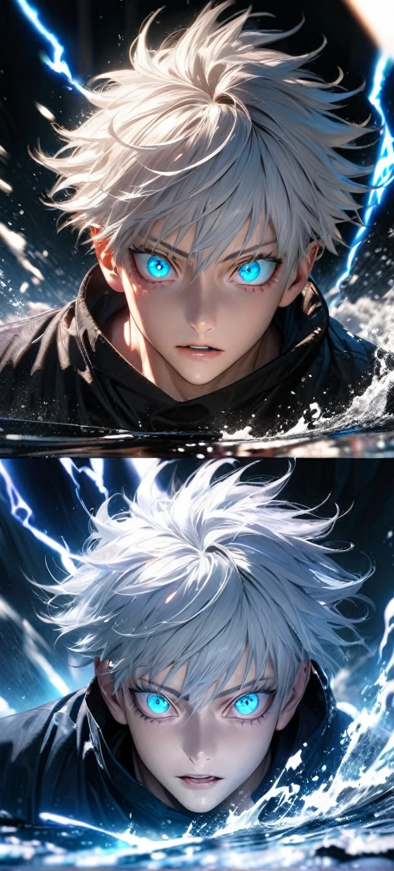 High quality, ultra realistic,absurdres, highres, ultra detailed, HDR, masterpiece, extremely detailed face and eyes, Gojo satoru , jujutsu kaisen,, white hair ,black shirt , solo, ,man, handsome, ,white eyeleshes, blue eyes , Epic fight scene, blue splashing effect,blue lightning effect,glowing glitters , close up,cool eyes, symetrical