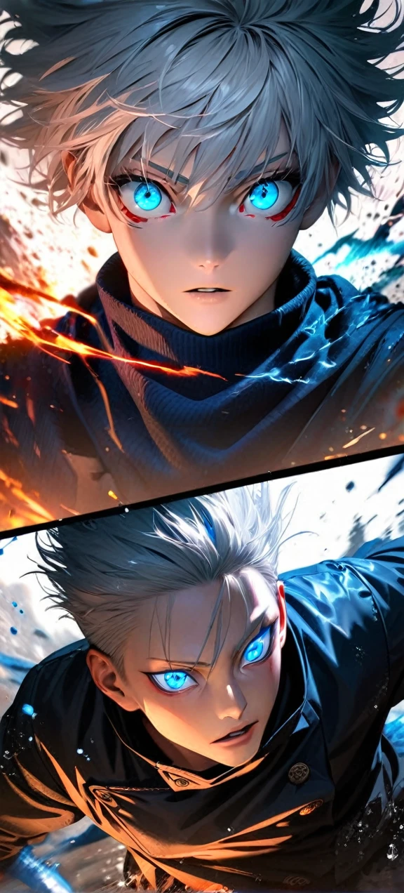 High quality, ultra realistic,absurdres, highres, ultra detailed, HDR, masterpiece, extremely detailed face and eyes, Gojo satoru , jujutsu kaisen,, white hair ,black shirt , solo, ,man, handsome, ,white eyeleshes, blue eyes , Epic fight scene, blue splashing effect,blue lightning effect,glowing glitters , close up,cool eyes, symetrical