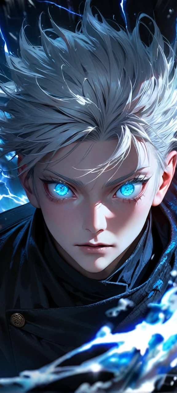 High quality, ultra realistic,absurdres, highres, ultra detailed, HDR, masterpiece, extremely detailed face and eyes,  Gojo satoru , jujutsu kaisen,, white hair ,black shirt , solo, ,man, handsome, ,white eyeleshes, blue eyes , Epic fight scene, blue splashing effect,blue lightning  effect,glowing glitters , close up,cool eyes, symetrical 