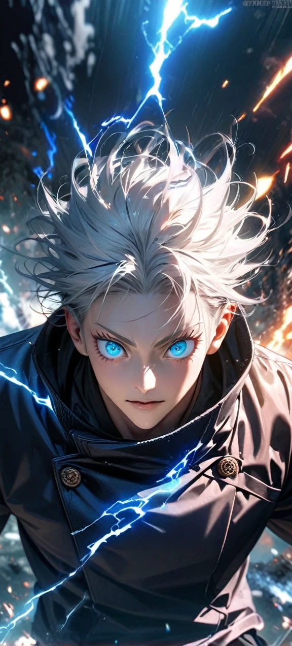  High quality, ultra realistic,absurdres, highres, ultra detailed, HDR, masterpiece, extremely detailed face and eyes,  Gojo satoru , jujutsu kaisen,, white hair ,black shirt , solo, ,man, handsome, ,white eyeleshes, blue eyes , Epic fight scene, blue splashing effect,blue lightning  effect,glowing glitters , close up,cool eyes, symetrical 