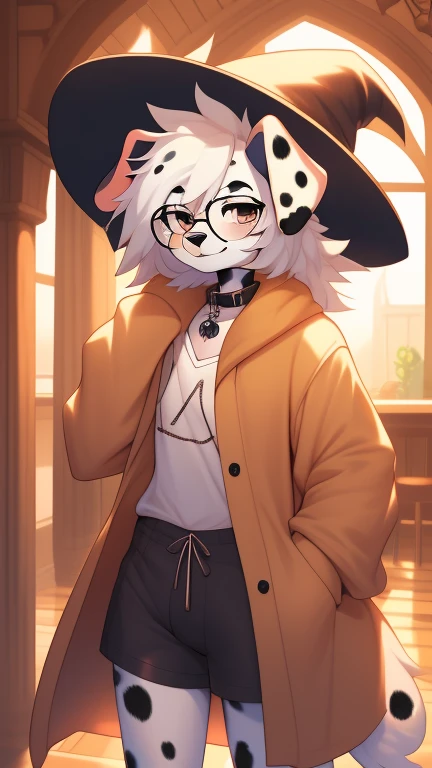 Best quality, Super detailed illustration, Warm colors, perfect lighting, (Fluffy Dalmatian girl:1.6), disheveled thick hair, shorts, huge coat with collar, Wide brimmed witch hat, baggy shirt, glasses ,smug smile, Happy mood , a femboy, slim, Perfect body,