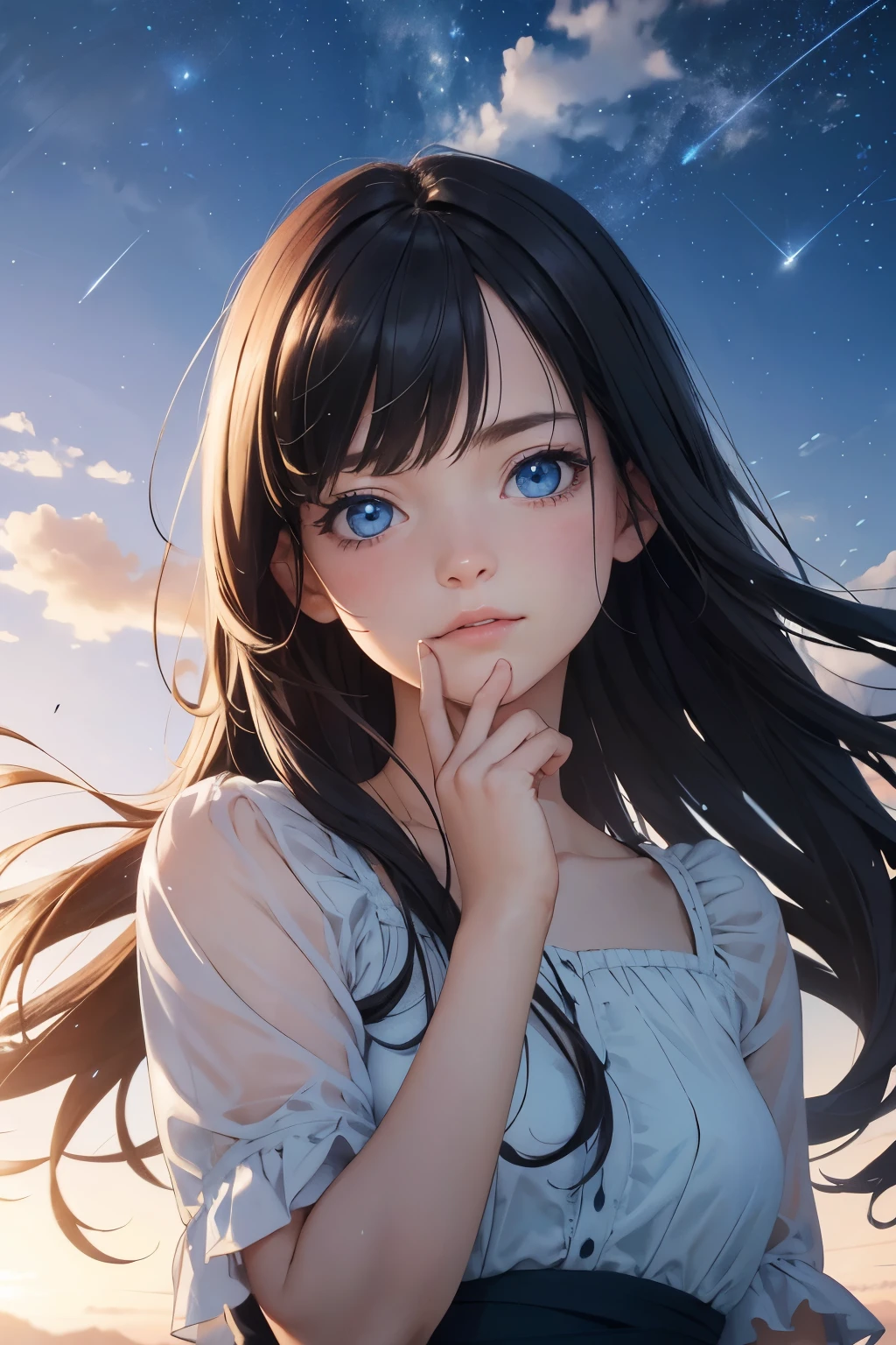 Masterpiece, top-tier quality, 16K UHD,
standing,
Outdoor scene under the open sky, 1 girl,
awe-struck expression, sky-gazing, arms outstretched, staring intently at a shooting star, (perfectly detailed face), (very detailed hand), photorealistic image, (twilight: 1.3), long hair flowing freely in the wind, (natural face: 1.2), (clear skin: 1.2), (blue eyes: 1.2), (childlike wonder: 1.2)