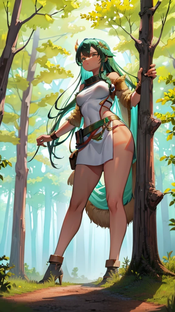 In a forest of large trees there is an even larger Amazonian giantess, with brown skin, black hair, thin, with clothes of the forest, and with very long legs, she is looking for small human invaders of the forest to destroy them so that they do not disturb the peace of the forest. Giantess, goddess, hot, black skin, tall legs, sexy, tiny people, tiny humans, crush, forest, trees, standing, group of small people, slim body