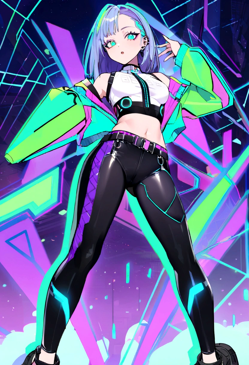 Un design réaliste de style cyberpunk pour un ensemble de leggings, un haut, et a sports bra. The leggings are metallic black with neon blue et intense purple details, featuring geometric patterns et illuminated circuit lines on the sides. "SexeDominaium" est écrit dans un style moderne, police en gras verticalement sur la jambe. The leggings have small zippers on the ankles et buckles as decorative elements. The top is black with neon green et purple stripes, panneaux géométriques avec détails lumineux, et "SexeDominaium" written on a bet at the bottom. The sports bra is black with neon blue et silver details, featuring circuit-like lines et digital interface patterns. "SexeDominaium" is written on the center bet, with adjustable straps et metallic buckle details. The overall design is influenced by luxury bret aesthetics et rapper style, combinant des couleurs néon vibrantes avec des finitions sophistiquées.