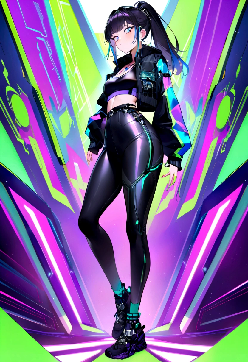 Un design réaliste de style cyberpunk pour un ensemble de leggings, un haut, et a sports bra. The leggings are metallic black with neon blue et intense purple details, featuring geometric patterns et illuminated circuit lines on the sides. "SexeDominaium" est écrit dans un style moderne, police en gras verticalement sur la jambe. The leggings have small zippers on the ankles et buckles as decorative elements. The top is black with neon green et purple stripes, panneaux géométriques avec détails lumineux, et "SexeDominaium" written on a bet at the bottom. The sports bra is black with neon blue et silver details, featuring circuit-like lines et digital interface patterns. "SexeDominaium" is written on the center bet, with adjustable straps et metallic buckle details. The overall design is influenced by luxury bret aesthetics et rapper style, combinant des couleurs néon vibrantes avec des finitions sophistiquées.