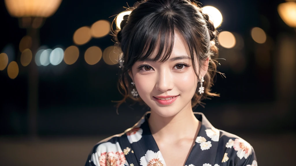 (1women), Updo hairstyle, (round eyes:1.2), (highly detailed face), (extremely detailed beautiful face), (smile happily), (floral pattern yukata), (Best Quality:1.4), (Ultra-detailed), extremely detailed CG unified 8k wallpaper, Realistic portrait, Beautiful detailed, High-definition raw color photos, professional photography, night sky, beautiful milky way, (fine face:1.2), focus on women, tanabata,