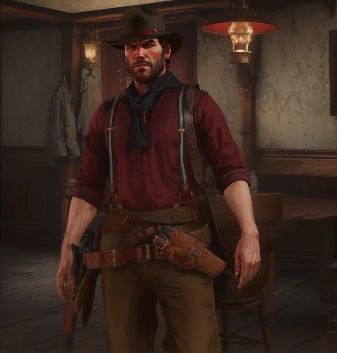 R3DD34Dstyle, digital portrait, male online character, red background, Arthur Morgan
