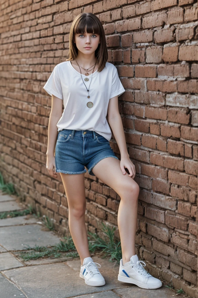 A white-skinned girl, with bangs and brown hair, big blue eyes, with an age between 15-17 years, with a short blue shirt, a quartz necklace, a denim short, black tennis shoes with white stripes, posing with hands on waist, leaning against a brick wall, and floor with dry grass