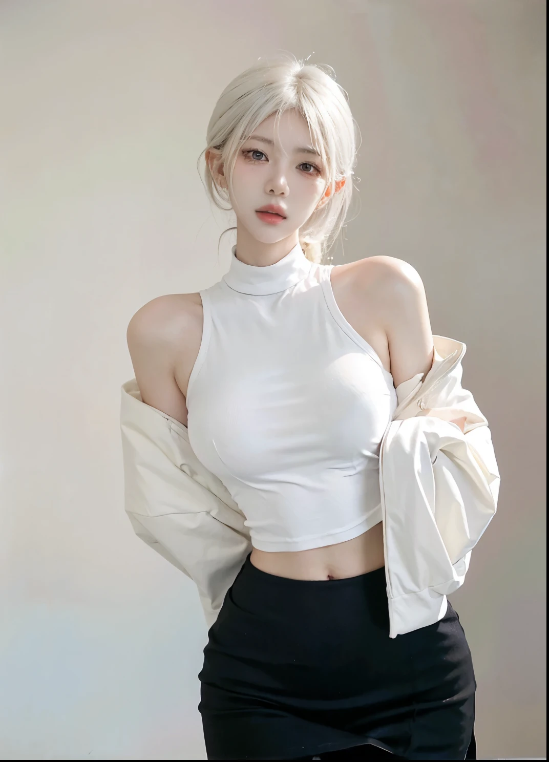 Beautiful woman with perfect figure:1.4，Ultra-high resolution，Put your hands behind your back，White background，（Realism:1.4)，Layered hairstyle，White skin，JK:1.5，Super short pleated skirt，whole body：1.4，Very delicate and skin texture，Double eyelids，Skin Whitening，Long hair，White hair
