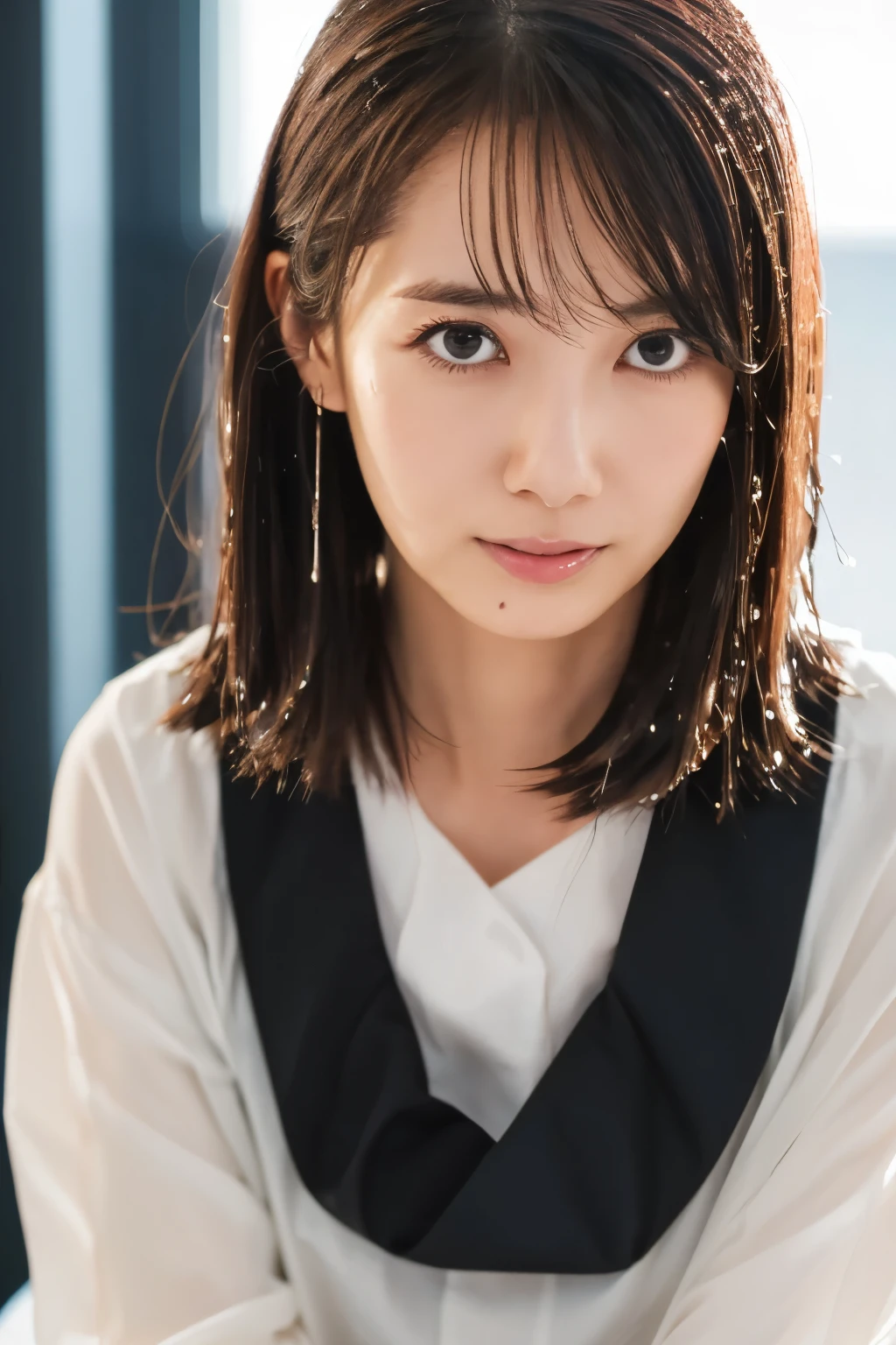 Best Image Quality, masterpiece, Ultra high resolution, (loyalty :1.4), Skinny Japanese woman, 1 girl, detailed face, detailed eyes, correct human body structure, White shirt, dim, Dark, Tears, Tearsdrop, (Torn clothes:1.2), (wet clothes:1.4), bare shoulders, heavy rain, wet hair,