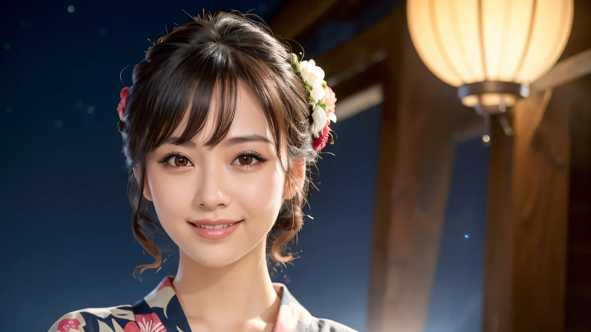 (1women), Updo hairstyle, (round eyes:1.2), (highly detailed face), (extremely detailed beautiful face), (smile happily), (floral pattern yukata), (Best Quality:1.4), (Ultra-detailed), extremely detailed CG unified 8k wallpaper, Realistic portrait, Beautiful detailed, High-definition raw color photos, professional photography, night sky, beautiful milky way, (fine face:1.2), focus on women, tanabata,