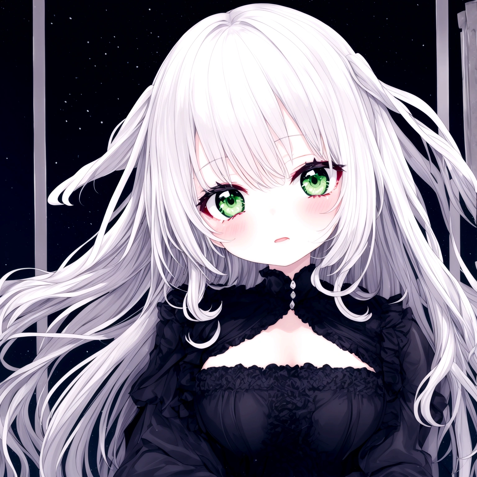 1 girl , single , white hair , green eyes , night , vampire , wavy hair ,