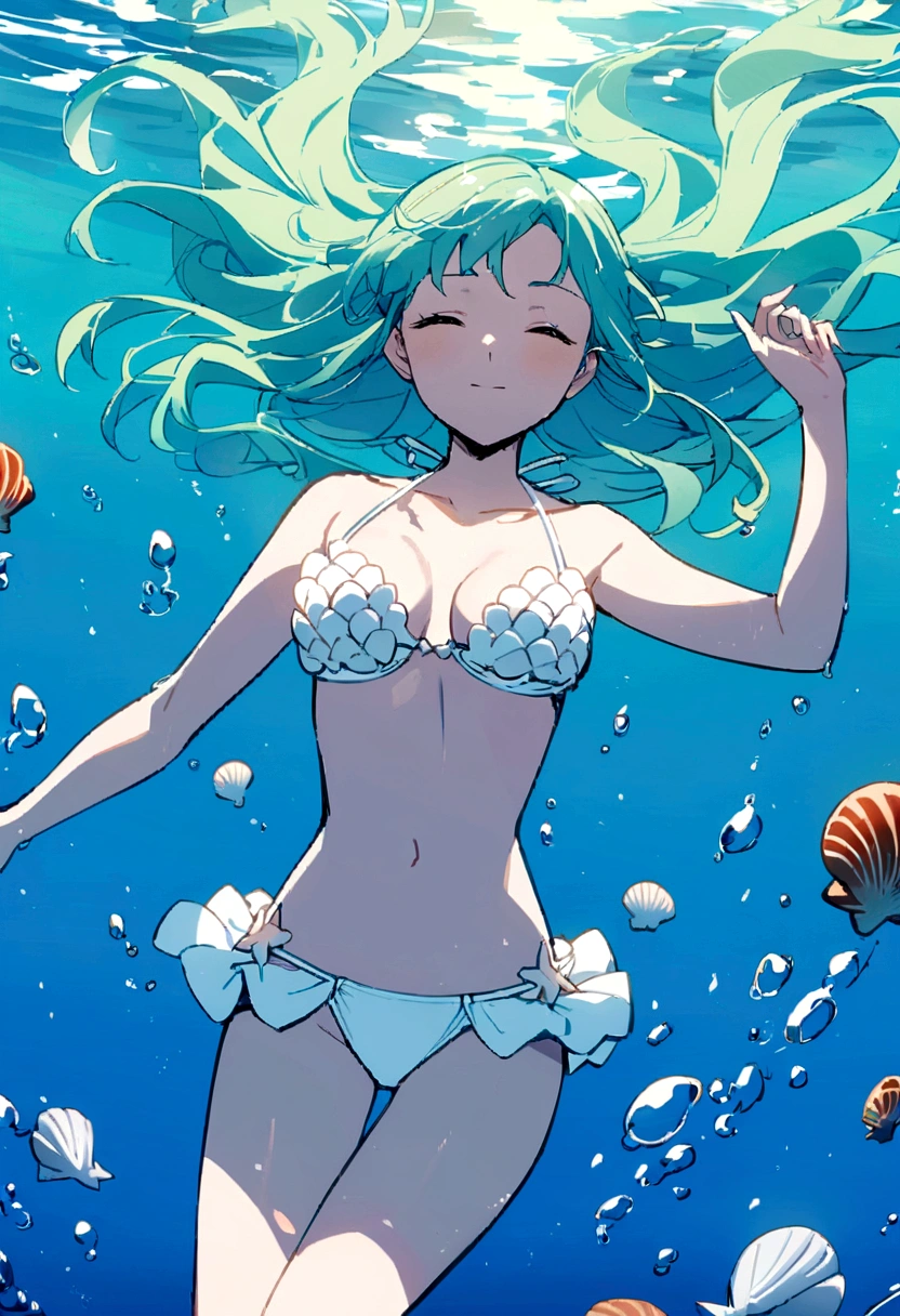 Beautiful woman floating peacefully in clear sparkling sea water。She is wearing a white seashell bikini、The sunlight reflects off the water surface。The water is vibrant shades of blue and green、There are shells scattered all around her.。In this scene, he has his eyes closed and looks comfortable in the calm waves.。Sparkling and beautifully floating。Japanese anime style