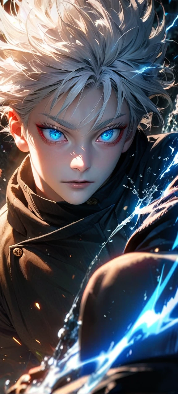 High quality, ultra realistic,absurdres, highres, ultra detailed, HDR, masterpiece, extremely detailed face and eyes, Gojo satoru , jujutsu kaisen,, white hair ,black shirt , solo, ,man, handsome, ,white eyeleshes, blue eyes , Epic fight scene, blue splashing effect,blue lightning effect,glowing glitters , close up,cool eyes, symetrical
