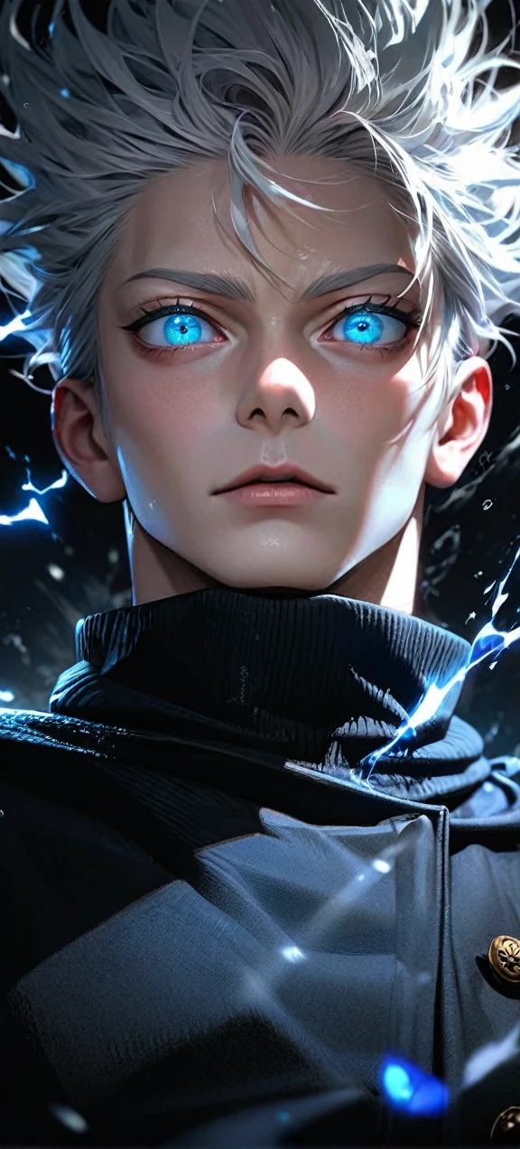 High quality, ultra realistic,absurdres, highres, ultra detailed, HDR, masterpiece, extremely detailed face and eyes, Gojo satoru , jujutsu kaisen,, white hair ,black shirt , solo, ,man, handsome, ,white eyeleshes, blue eyes , Epic fight scene, blue splashing effect,blue lightning effect,glowing glitters , close up,cool eyes, symetrical