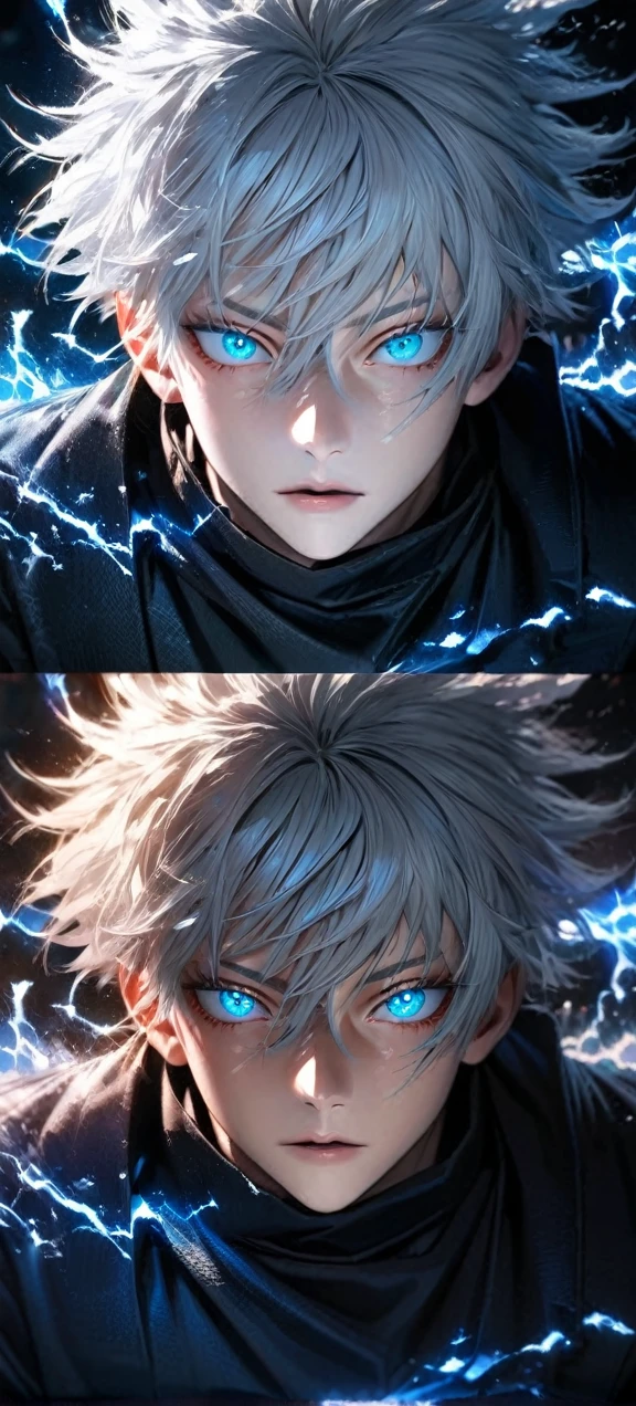  High quality, ultra realistic,absurdres, highres, ultra detailed, HDR, masterpiece, extremely detailed face and eyes,  Gojo satoru , jujutsu kaisen,, white hair ,black shirt , solo, ,man, handsome, ,white eyeleshes, blue eyes , Epic fight scene, blue splashing effect,blue lightning  effect,glowing glitters , close up,cool eyes, symetrical 