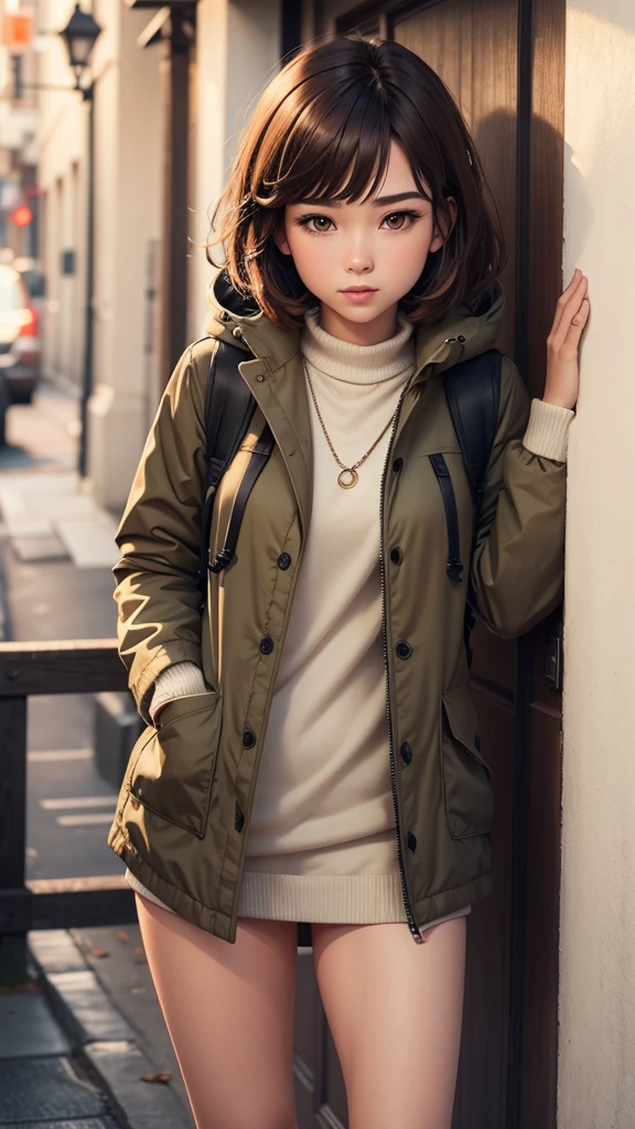 Man, Parka coat outfit, short brown hair, brown eyes 8k ultra reality